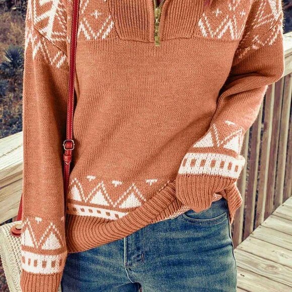 Pink Casual Womens Geo Pattern Half Zip Drop Shoulder Sweater - Picture 4 of 5